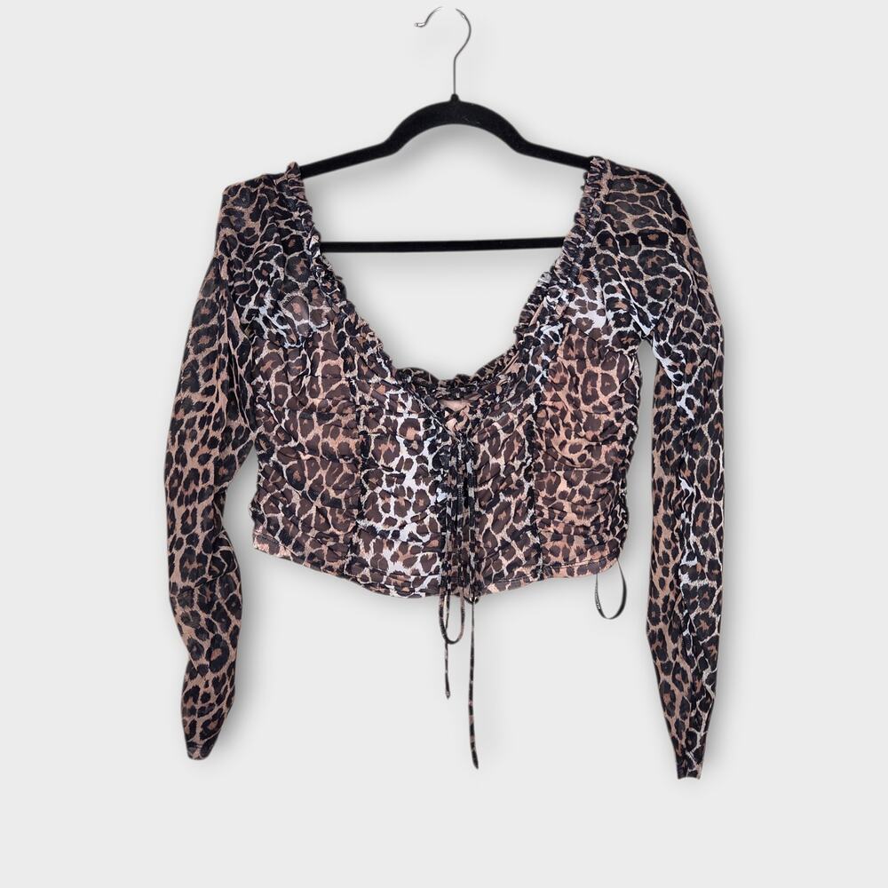 Majorelle Leopard Print Ruched Tie Front Crop Blouse Long Sleeve Women's XL